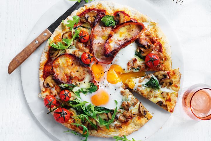 Breakfast Pizza Pillsbury Crescent Dough Scrambled Eggs Cubed Bacon Shredded Cheese Chopped Basil CustomClothingBoutique.com 1. Flatten Dough Onto Pan 2. Layer Eggs, Bacon, And Cheese 3. Bake 4. Sprinkle Basil On Top