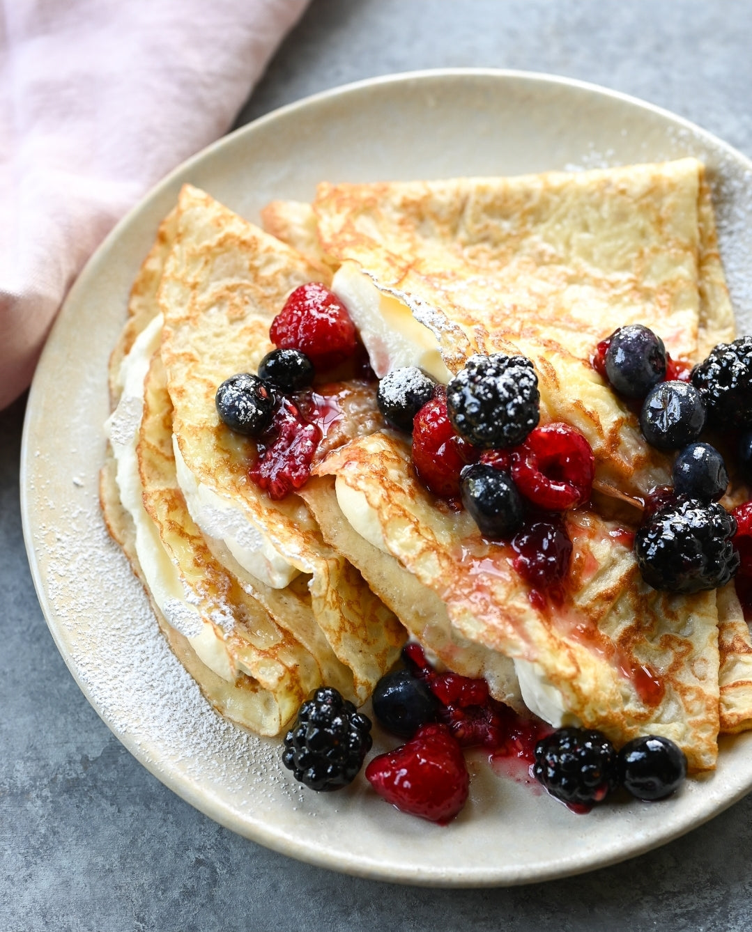 Crapes 1 cup all purpose flour 1 1/2 cups milk 4 eggs 2 tablespoons butter 1 tablespoon sugar CustomClothingBoutique.com 1. Blend all the ingredients together. 2. Pour batter onto a skillet. 3. Flip once. 4. Add yummy items and fold it into a sandwich.