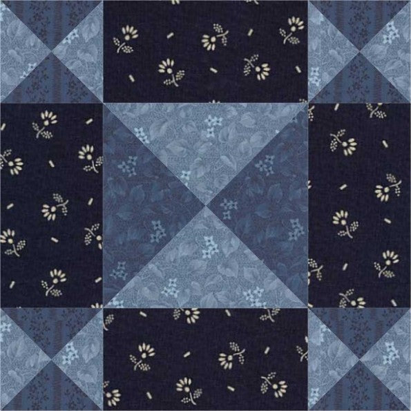 Design in Geometrics quilt block pattern — a step-by-step quilting tutorial combining HST, quarter square triangle, and nine patch techniques