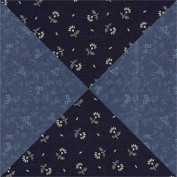 Hour Glass quilt block pattern — a step-by-step quilting tutorial using four triangles in two contrasting fabrics to create a classic hourglass design