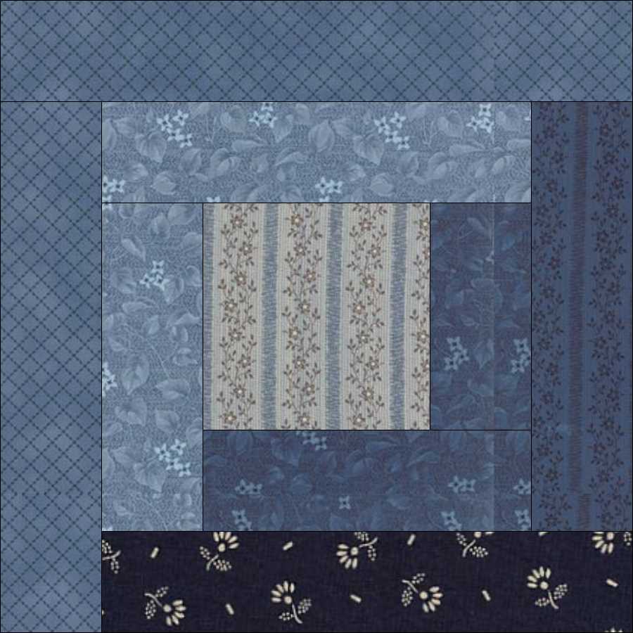 Log Cabin quilt block pattern — a step-by-step quilting tutorial showing how to add fabric strips around a center square to build a classic log cabin design