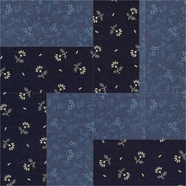 London Stair quilt block pattern — a step-by-step quilting tutorial using squares and rectangles in two contrasting colors to create a bold staircase design