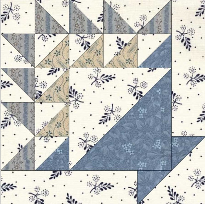 May Basket quilt block pattern — a step-by-step quilting tutorial featuring a traditional flower basket design with half-square triangles and an appliquéd handle
