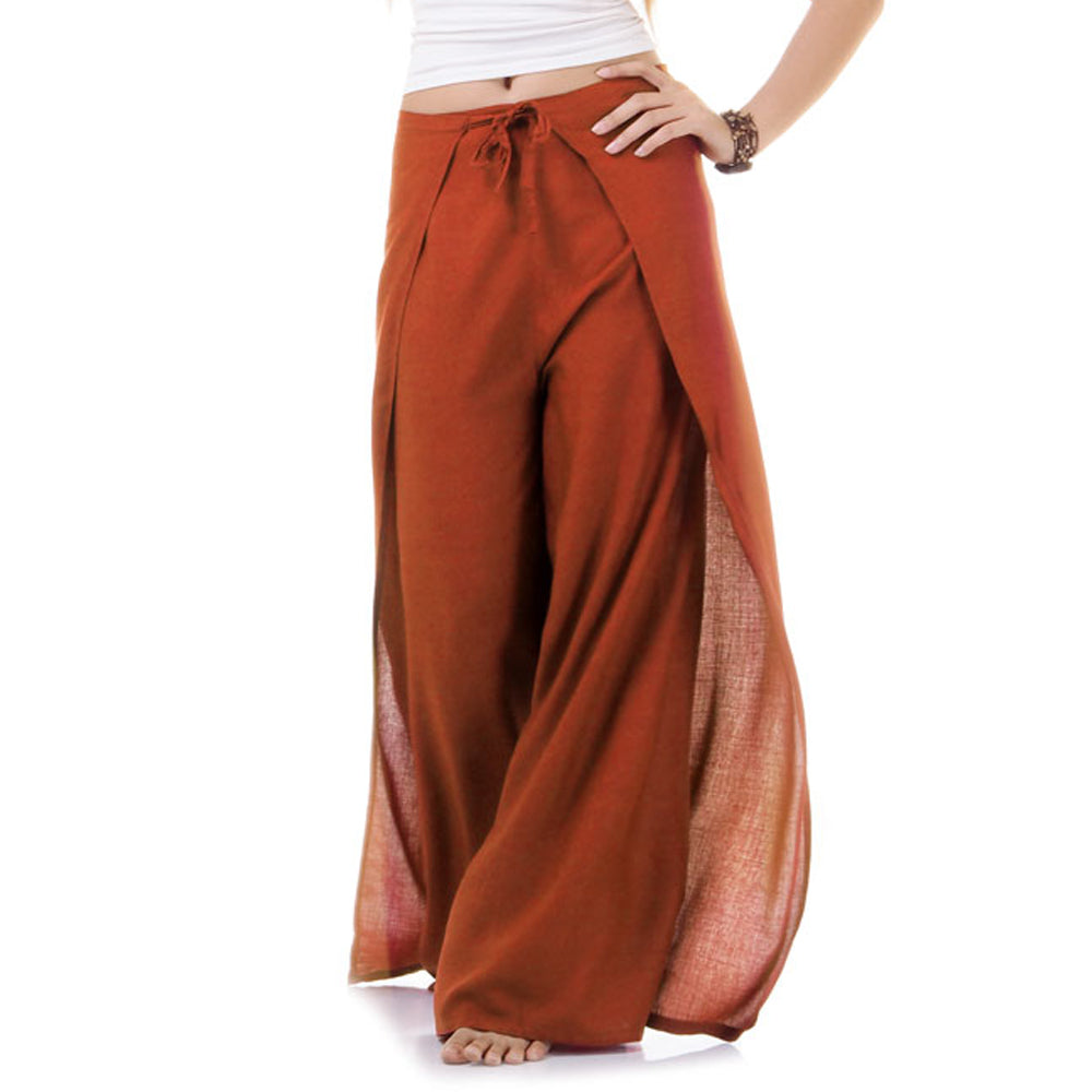 Wrap pants showing tapered leg silhouette, side panel detail, and adjustable wrap waistband with overlap closure