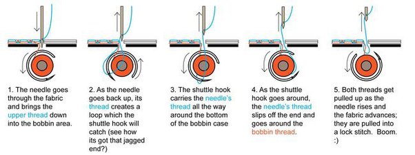 Close-up of a sewing machine needle, presser foot, and feed dogs showing stitch formation